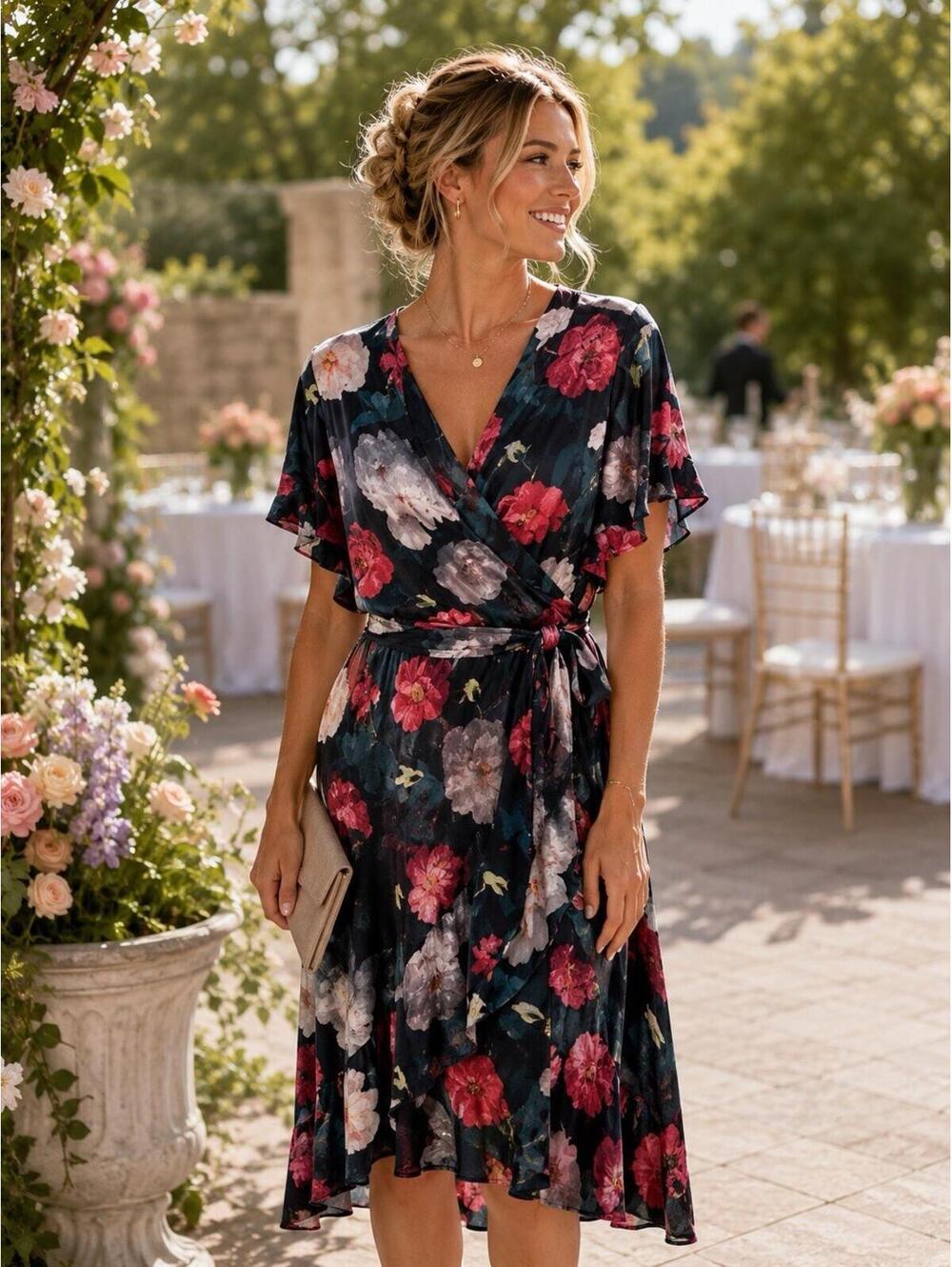 Isaac Mizrahi Live! Floral Wrap Midi Dress Multicolor V-Neck Ruffle Flutter L